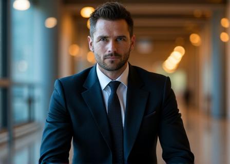 Man in een op maat gemaakt pak die autoriteit uitstraalt